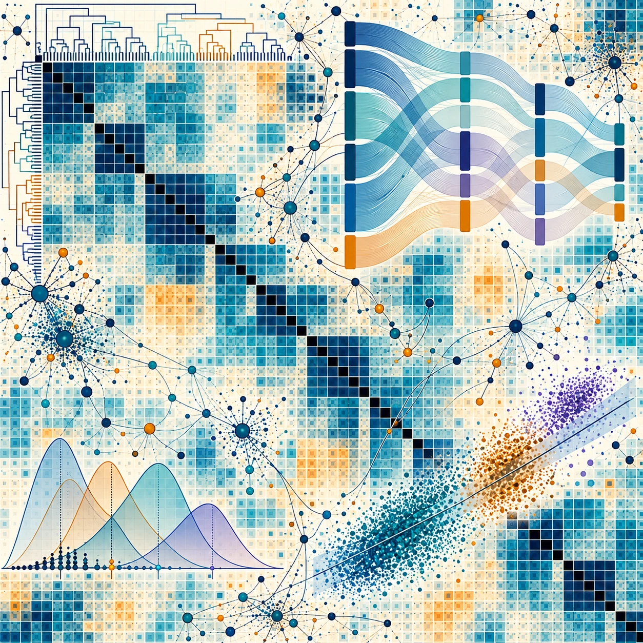 Conceptual data-analysis artwork: a square correlation heatmap layered with Sankey flows, scatter clusters, statistical distributions and interconnected nodes; not actual research findings.