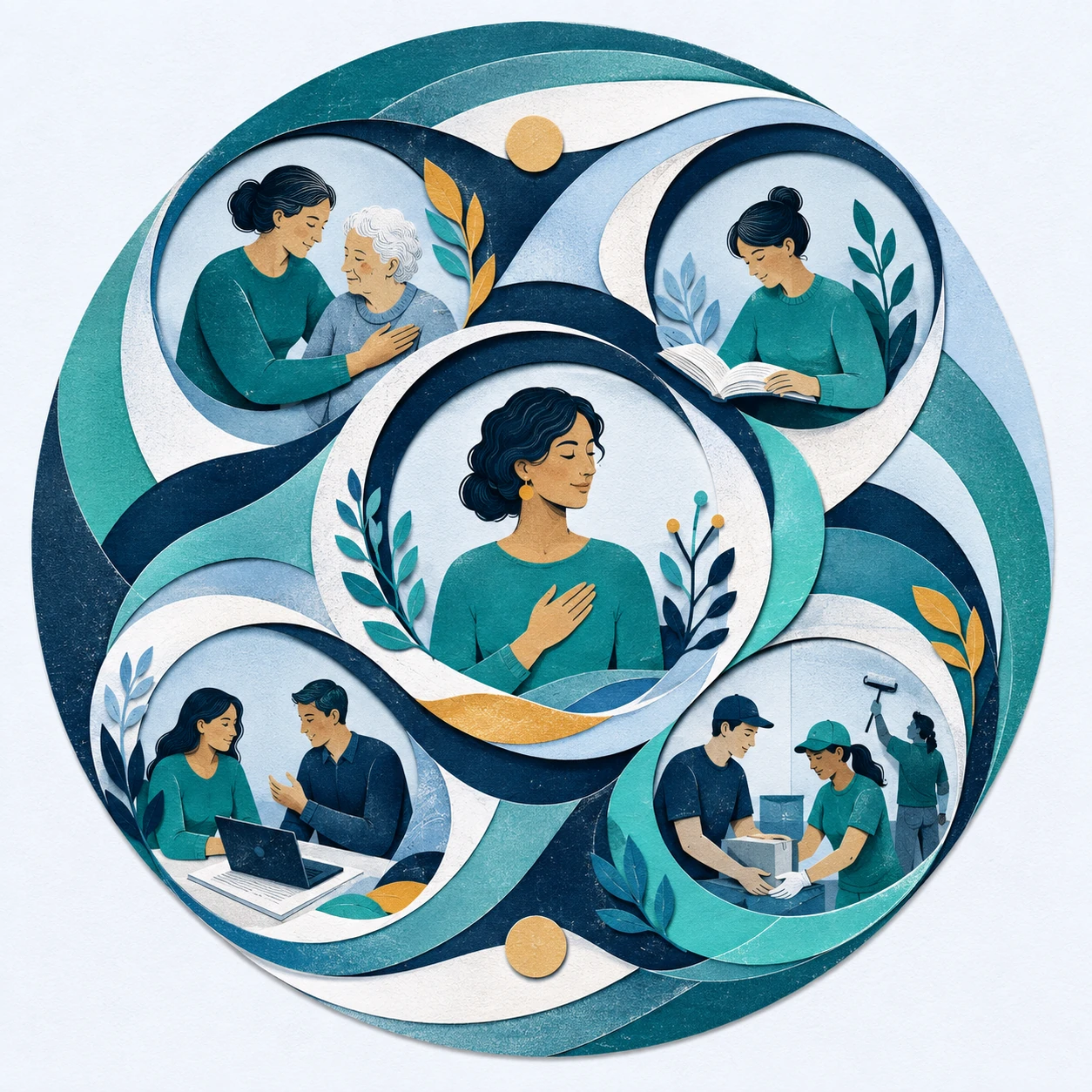 A person at the center of interwoven navy and teal circles, connected to scenes of caregiving, learning, working with a colleague, and volunteering in the community.